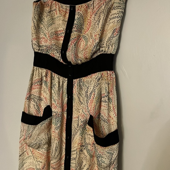 Hype Strapless Midi Dress Size 4 100% Silk Abstract Specked Design Black Trim - Picture 1 of 14